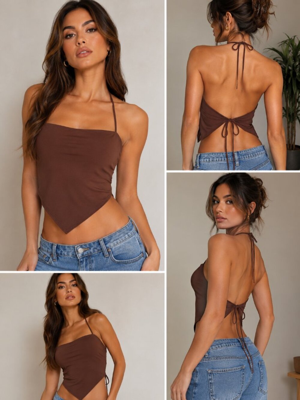 Gaze Brown Halter Open Back Handkerchief Top Tie Detail One Size